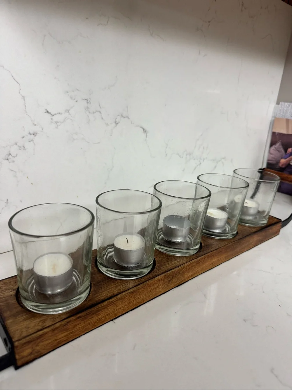 Wood Tray Tea Light Candle Holder Set with Clear Glass Votives - Clear